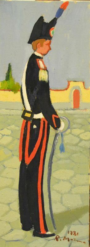  Rodolfo Marma ( Firenze 1923-1998 ) CARABINIERE, olio su cartoncino telato, cm 39x15, datato 1981                                                     - Asta Gioielli, Argenti, Modernariato, Dipinti, Mobili e Oggetti d'Arte - Poggio Bracciolini Casa d'Aste