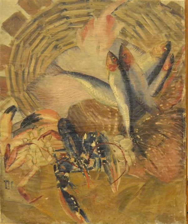  Scuola Russa, sec. XX, NATURA MORTA CON PESCI, olio su tela, cm 70x57 