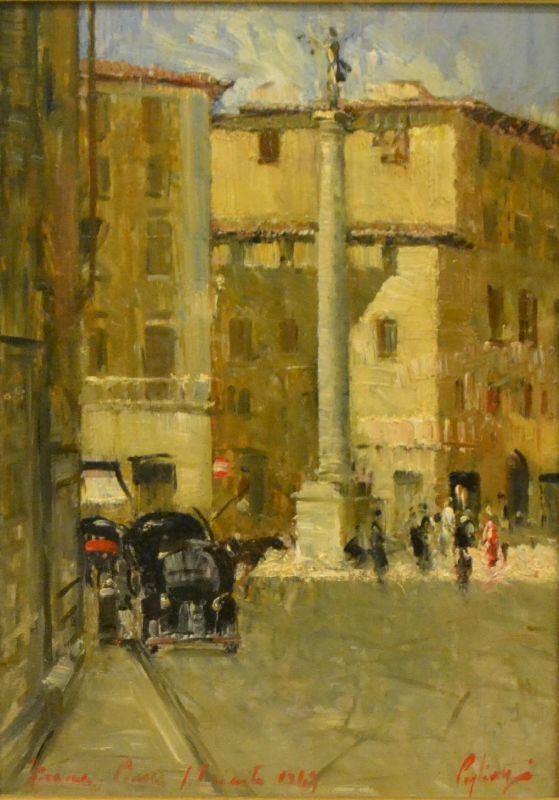  Francesco Pagliazzi ( Reggello 1910-Palazzuolo sul Seno 1988 ) PIAZZA SANTA TRINITA, olio su masonite, datato 1969, cm 35x25 