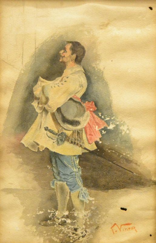  Francesco Vinea ( ForlÃ¬ 1845-Firenze 1902 ) MOSCHETTIERE, acquerello su carta, cm 29x18,5, difetti 