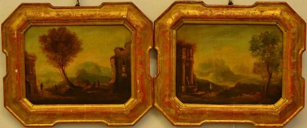  Scuola Francese, sec. XIX, PAESAGGI, coppia di dipinti ad olio su tela, cm 24x32 ( 2 ) 