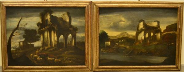  Scuola Italiana, sec. XVIII, PAESAGGI CON ARCHITETTURE, coppia di dipinti ad olio su tela, cm 73x96, rintelati e restaurati ( 2 ) 