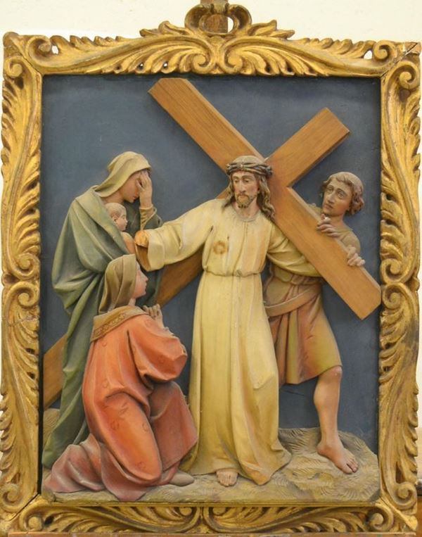  Bassorilievo, sec. XX, in legno policromo, VIA CRUCIS, cm 61x77                                     