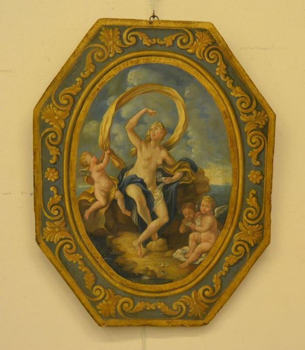  Scuola Francese, sec. XVIII, VENERE CON PUTTI, olio su tavola ottagonale, cm 89x114 