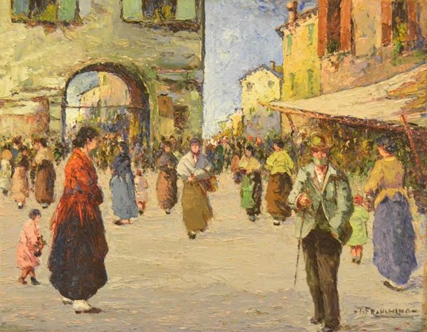  Scuola Veneta, inizi sec. XX, SCENA VENEZIANA, olio su tavoletta, cm 40x51                                         