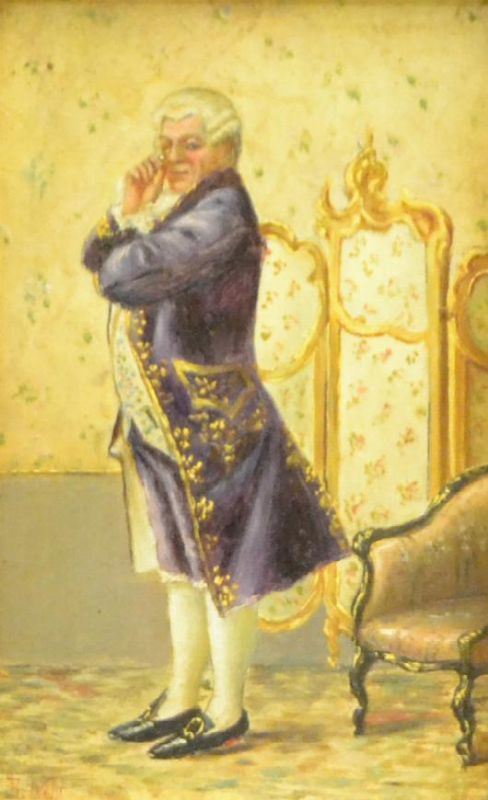  Scuola Inglese, fine sec. XIX, GENTIL UOMO, olio su tavoletta, cm 8x13, firmato                                     