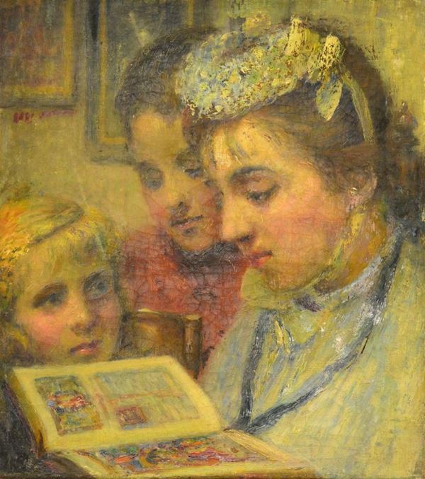  Scuola Nord Europea, sec. XX, FANCIULLE, olio su tela, cm 45x40                                        