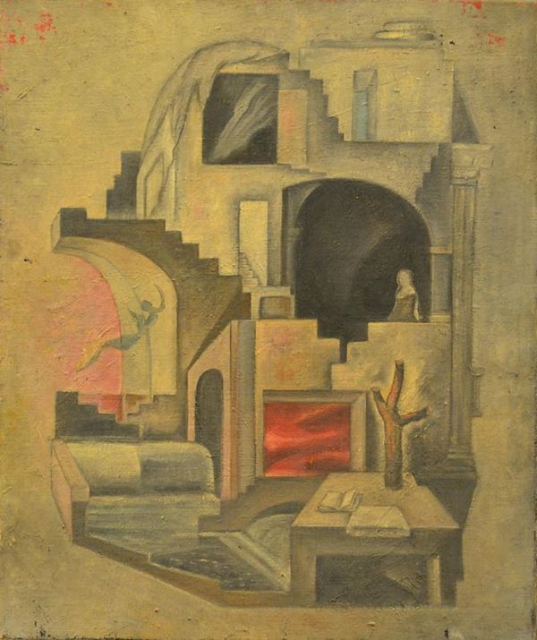  Scuola Russa, sec. XX, STRUTTURA METAFISICA, olio su tela, cm 56x46                                      