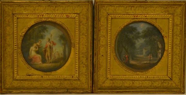  Coppia di miniature, sec. XIX, raffiguranti SCENE MITOLOGICHE, entro cornice, cm 13x12,5 ( 2 ) 