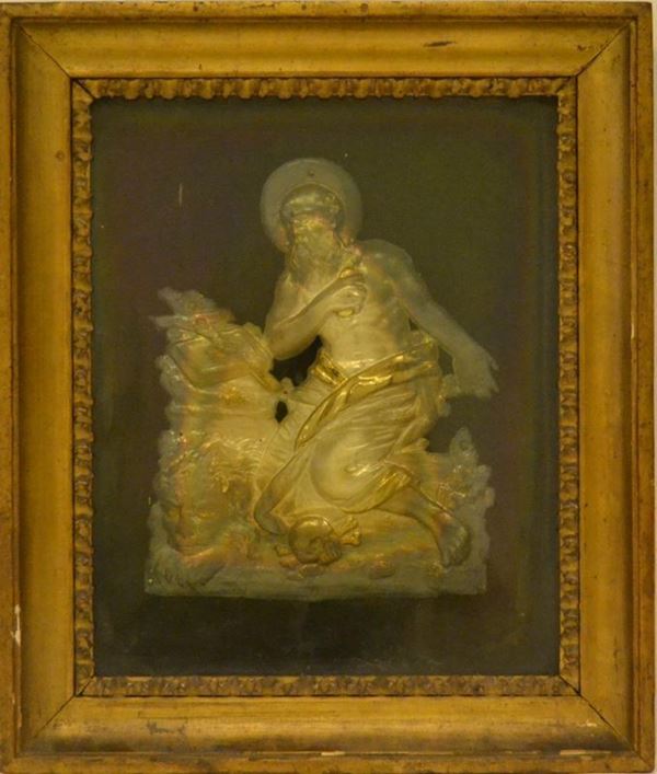  Sbalzo, sec. XIX, in argento, SAN GIROLAMO IN PREGHIERA, entro cornice, cm 21x17 
