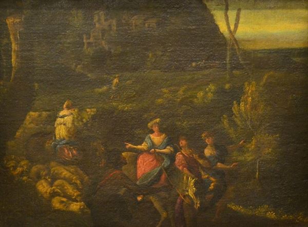  Scuola Italiana, sec. XVIII, FUGA IN EGITTO, olio su tela, cm 57x76, rintelato 