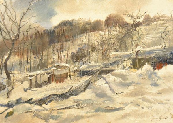  Romano Stefanelli ( Firenze 1931 ) PAESAGGIO INNEVATO, olio su tela, cm 50x70 