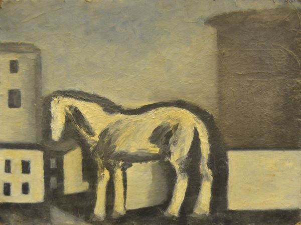  Scuola Italiana, sec. XX, CAVALLO, olio su cartoncino, cm 44x57 