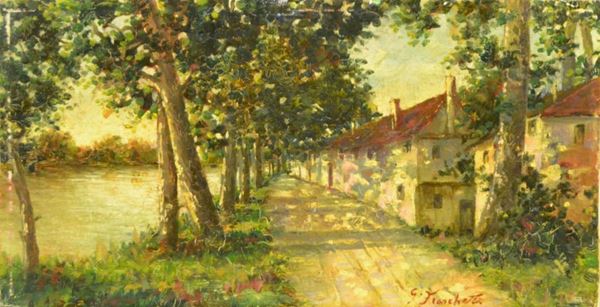  Giuseppe Fraschetti ( 1879-1956 ) PAESAGGIO, olio su cartone, cm 17x32,5                            
