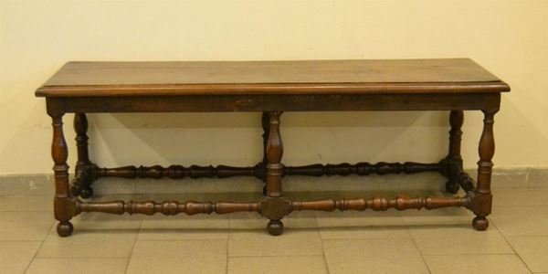  Panca a rocchetto, Emilia, sec. XVIII, piedi torniti, cm 150x48x51, piano non pertinente 