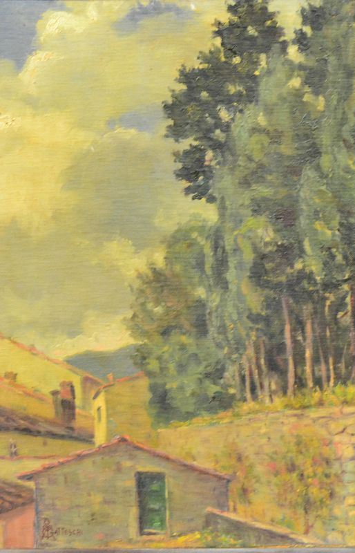  Roberto Pio Gatteschi ( 1872-1958 ) PAESAGGIO, olio su cartoncino, cm 48x32                                               - Asta Gioielli, Argenti, Modernariato, Dipinti, Mobili e Oggetti d'Arte - Poggio Bracciolini Casa d'Aste