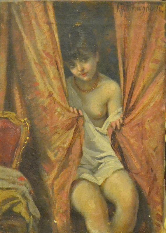  Scuola Italiana, inizi sec. XX, FIGURA FEMMINILE, olio su tela, cm 22x30, firmato A. Romagnoli 