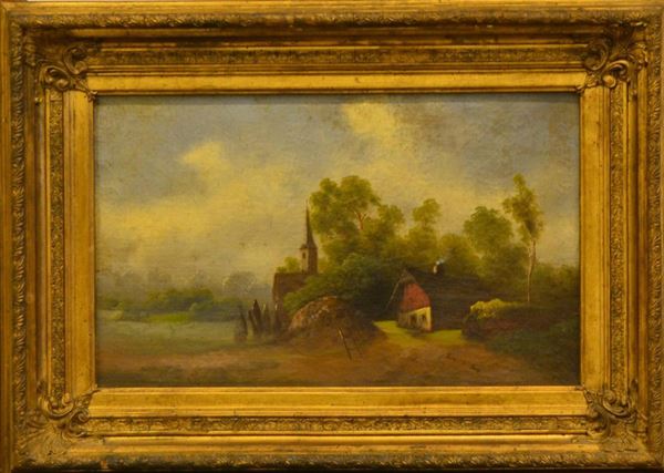  Scuola Nord Europea, sec. XIX, PAESAGGIO CON CHIESA, olio su tela, cm 26x42 
