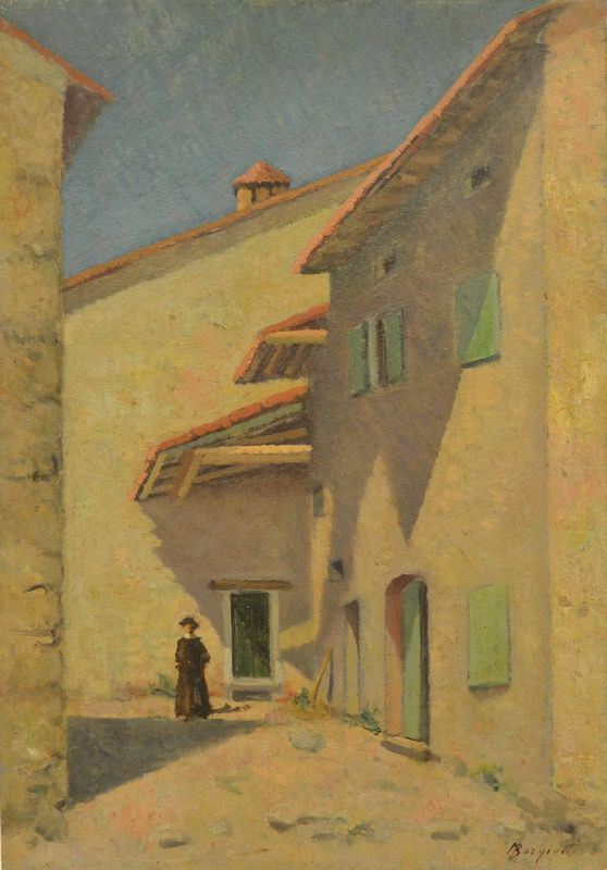   Mario Borgiotti ( Livorno 1906-Firenze 1977 ) CONTRADA CON PRETE, olio su cartoncino, cm 50x35  