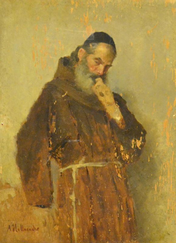  Alphons Hollender ( 1845-1923 ) FRATE, olio su tavoletta, cm 23x16,5, cadute di colore                                                  