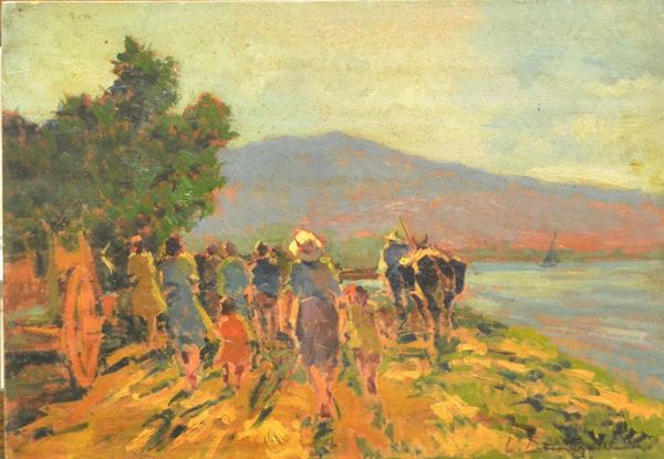  Carlo Domenici ( 1898-1981 ) RITORNO DAI CAMPI, olio su tavoletta, cm 35x50 