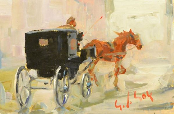  Gino Paolo Gori ( Firenze 1911-1991 ) CAVALLO CON CALESSE, olio su tavoletta, cm 20x30 