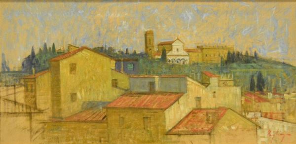  Francesco Pagliazzi ( Reggello 1910-Palazzuolo sul Seno 1988 ) COLLINA FIORENTINA, tecnica mista su tela, datato 1968, cm 40x80                                                          
