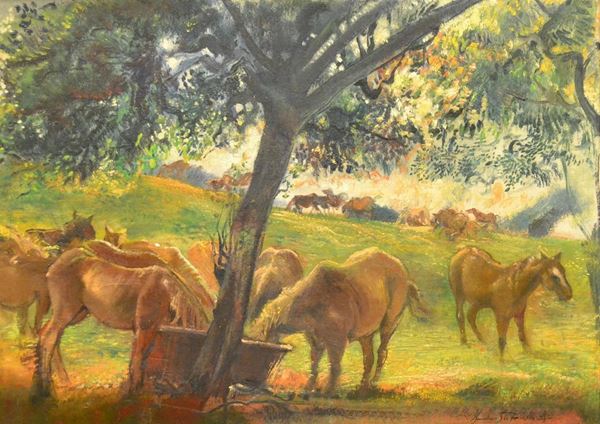  Romano Stefanelli ( Firenze 1931 ) CAVALLI AL PASCOLO, olio su tavoletta, cm 50x70 