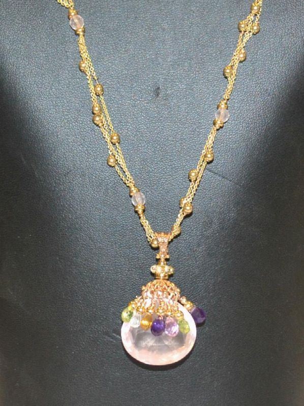 Collana in oro giallo, titolo 375, con ciondolo di quarzo rosa e pietre mix, g 20