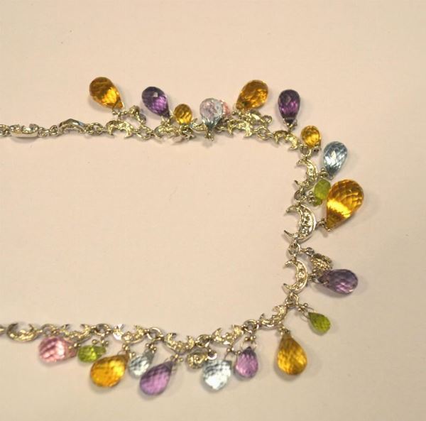 Collana in oro bianco, brillanti e pietre mix, g 19