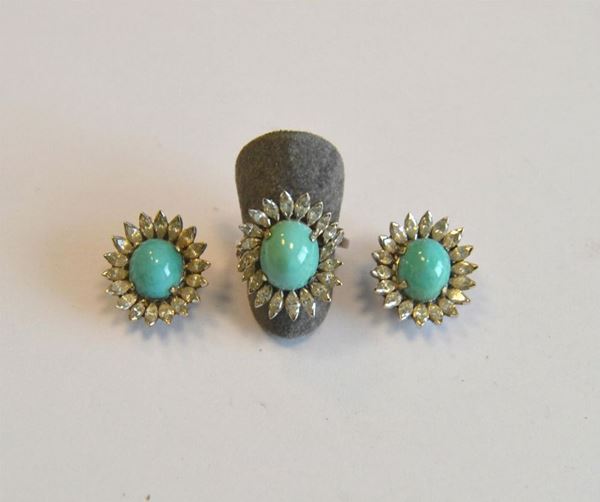 Demi-parure in oro bianco, turchesi e diamanti, composta da anello e paio di
