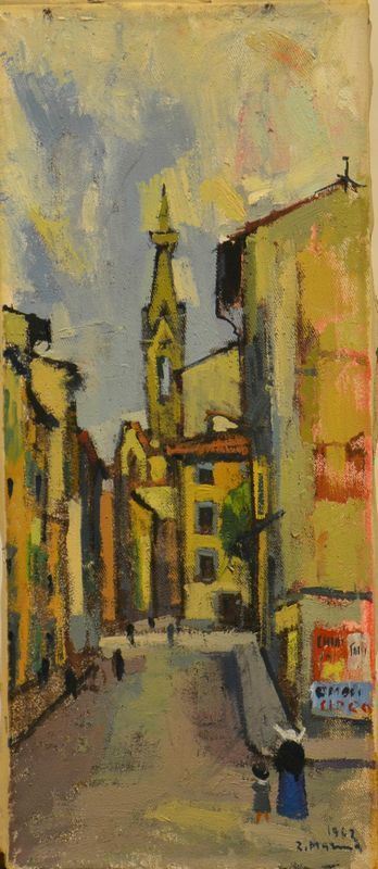Rodolfo Marma ( 1923-1998 ) BORGO ALLEGRI, olio su tela, cm 35x15