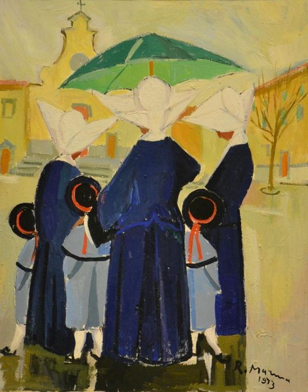 Rodolfo Marma ( 1923-1998 ) MONACHINE, olio su tela, cm 50x40, datato  - Asta Gioielli, Argenti, Modernariato, Dipinti, Mobili e Oggetti d'Arte - Poggio Bracciolini Casa d'Aste