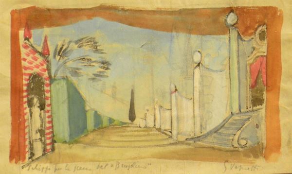 Gianni Vagnetti ( 1987-1956 ) BOZZA PER SCENA TEATRALE, acquerello su