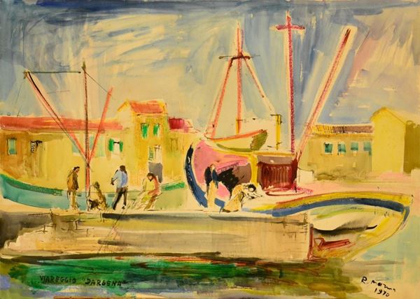 Rodolfo Marma ( 1923-1998 ) DARSENA A VIAREGGIO, tecnica mista su