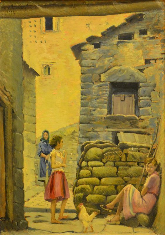 Valentino Ghiglia ( Firenze 1903-1960 ) SCORCIO DI VIA CON FIGURE, olio su