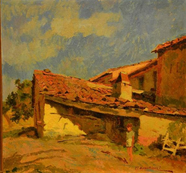 Carlo Domenici ( 1897-1981 ) CASOLARE CON BAMBINO, olio su compensato,