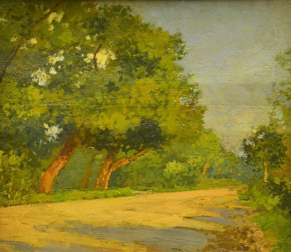 Carlo Passigli ( 1881-1953 ) VIALE ALLE CASCINE, olio su tavoletta, cm 28x32