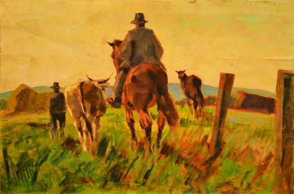 Carlo Domenici ( 1898-1981 ) BUTTERI, olio su tavoletta, cm 39x58