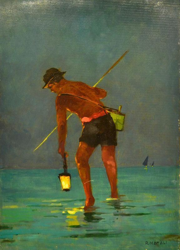 Renato Natali ( 1883-1979 ) PESCATORE, olio su tavoletta, cm 70x49