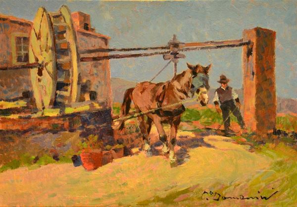 Carlo Domenici ( 1898-1981 ) Lâ€™INGEGNO, olio su compensato, cm 35x50