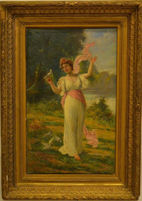 Scuola Italiana, sec. XX, FANCIULLA CON COLOMBA, olio su tela, cm 80x49