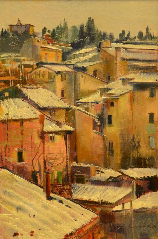 Romano Stefanelli ( Firenze 1931 ) NEVE A FIRENZE, olio su tavola, cm 40x60
