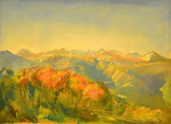 Romano Stefanelli ( Firenze 1931 ) PAESAGGIO, olio su tavola, cm 50x70