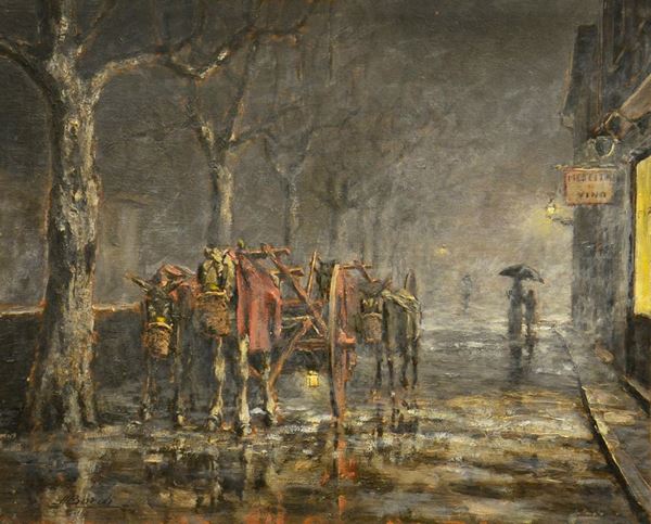 Mario Bordi ( Firenze 1896-1980 ) STARDA CON CALESSE E CAVALLI, olio su