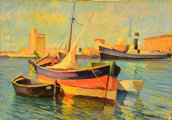 Nello Giovannelli ( 1922-1996 ) PORTO, olio su faesite, cm 35x50