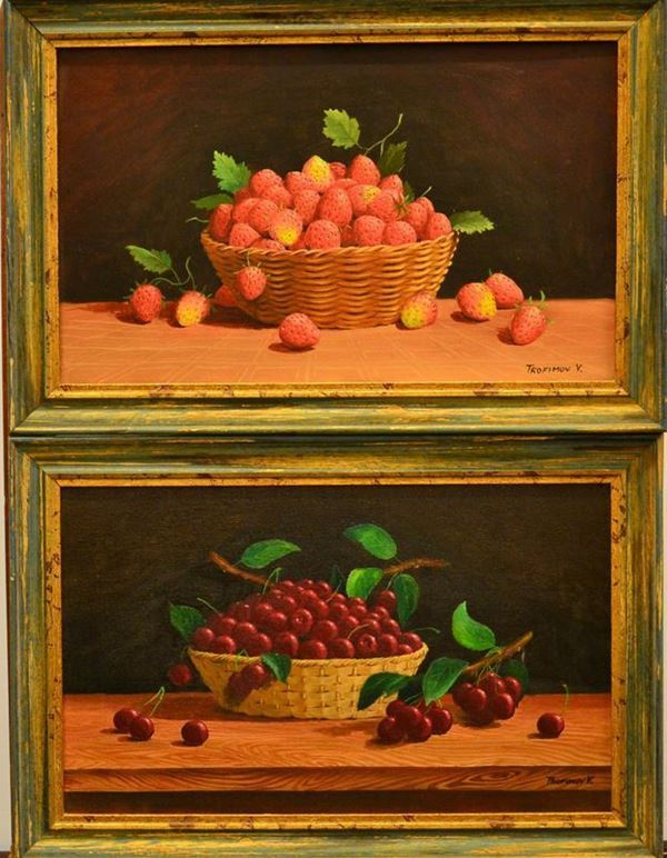 Scuola Europa Orientale, sec. XX, NATURE MORTE, due dipinti ad olio su tela,