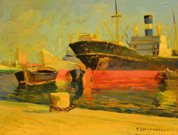 Nello Giovannelli ( 1922-1996 ) BARCHE IN PORTO, olio su tavoletta, cm 30x40