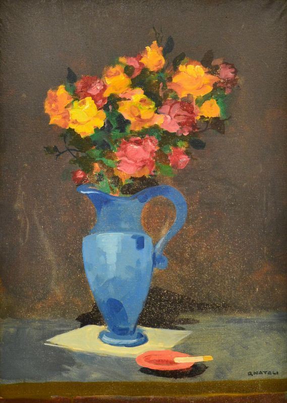 Renato Natali ( 1883-1979 ) VASO CON ROSE, olio su tela, cm 70x50