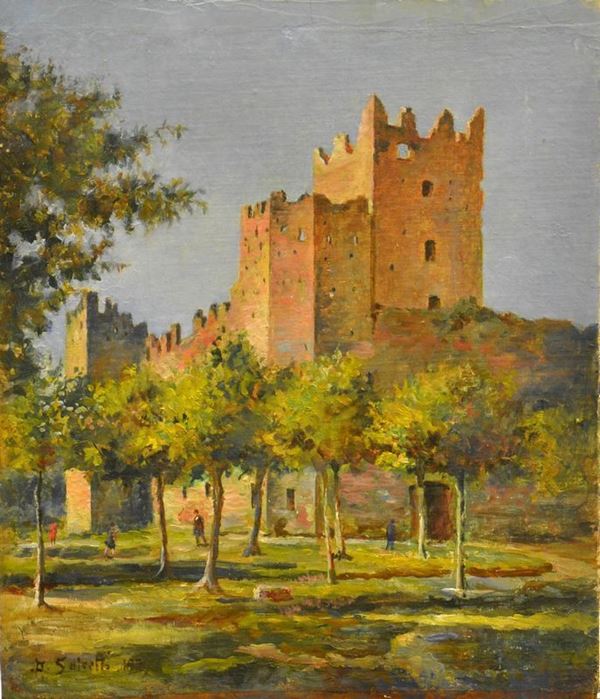 Antonio Solvetti ( 1854-1931 ) CASTELLO DI REGGIOLO, olio su tavoletta